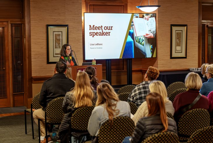 Parent Lisa LeBlanc speaks during the "Discovering Dyslexia" event on Dec. 10 about her son Andrew, who struggled with dyslexia.