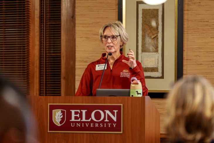 Alicia Tate, acting director of the Roberts Academy at Elon University, speaks during the "Discovering Dyslexia" event on Dec. 10 in Johnston Hall.