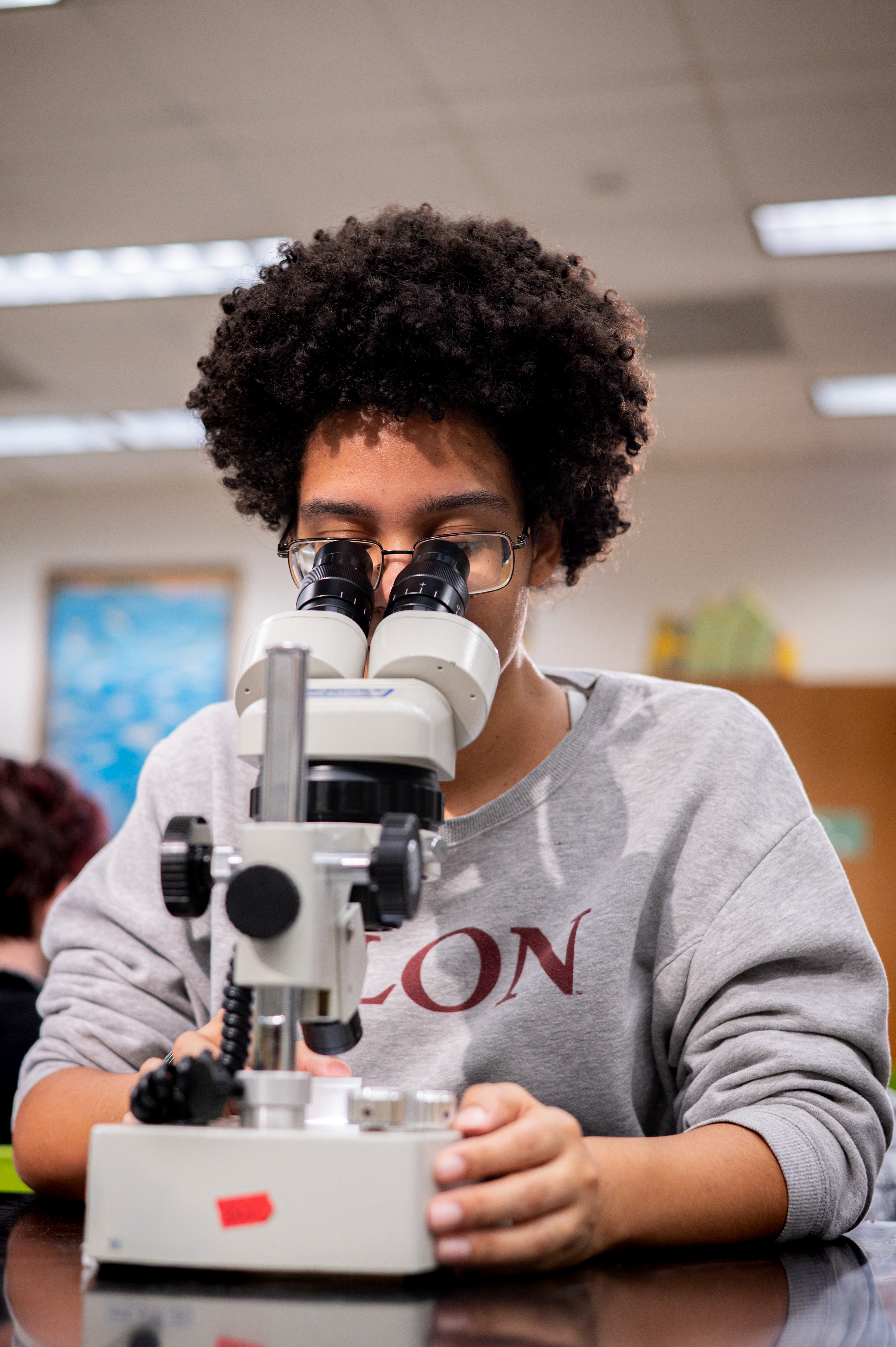 A person in an Elon sweatshirt observes something through a microscope in a classroom setting