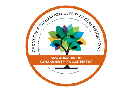 Carnegie Foundation Elective Classifications logo featuring a multicolored tree inside a circular orange border, with the text ‘Classification for Community Engagement.’