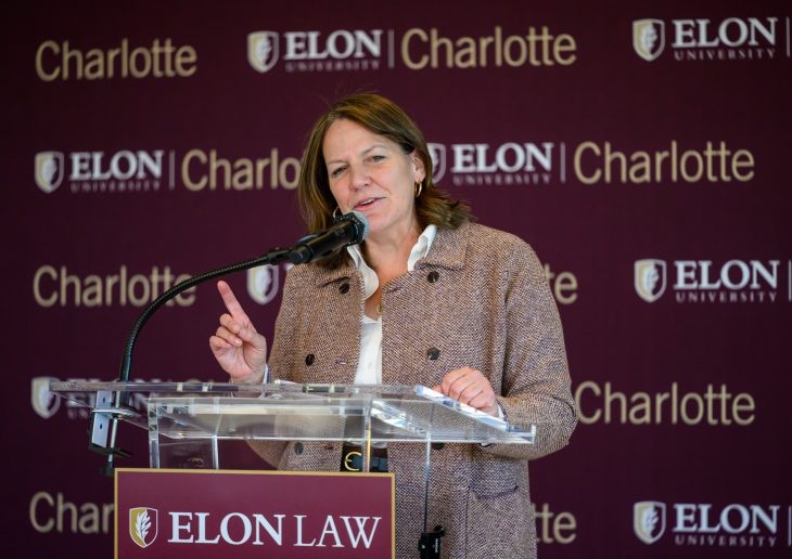 Elon President Connie Book at a news conference announcing the university's intention to launch a full-time law program starting in Fall 2027 on the campus of Queens University of Charlotte.