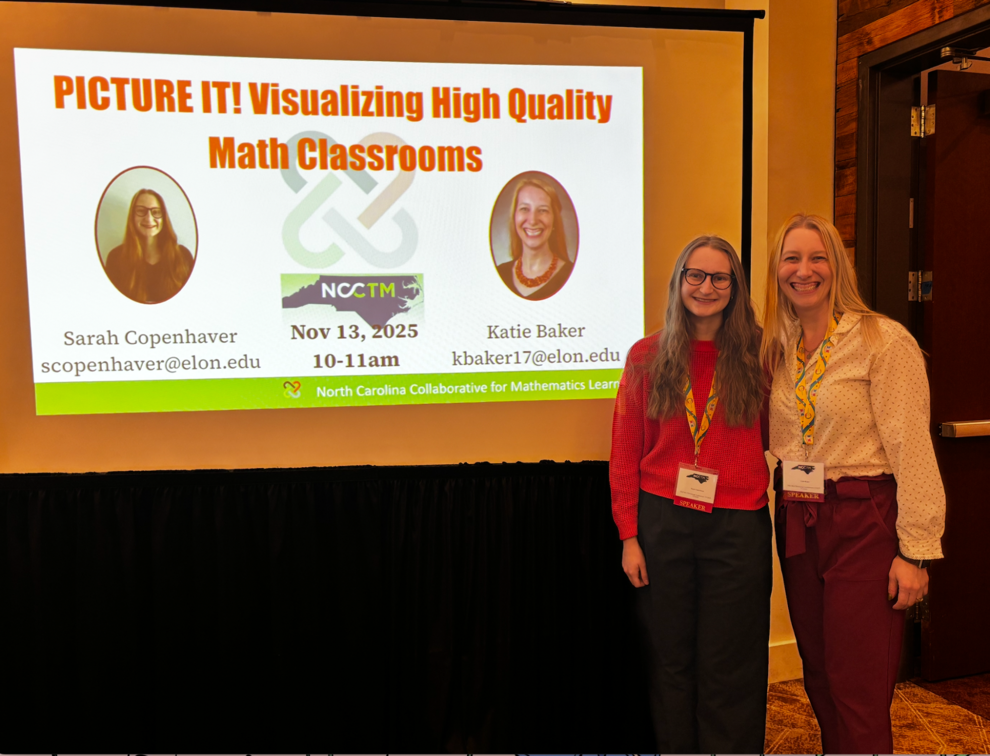 Two presenters stand smiling in front of a projected presentation slide titled “PICTURE IT! Visualizing High Quality Math Classrooms.” The slide includes their names, photos, and event details, indicating an educational conference or workshop setting.