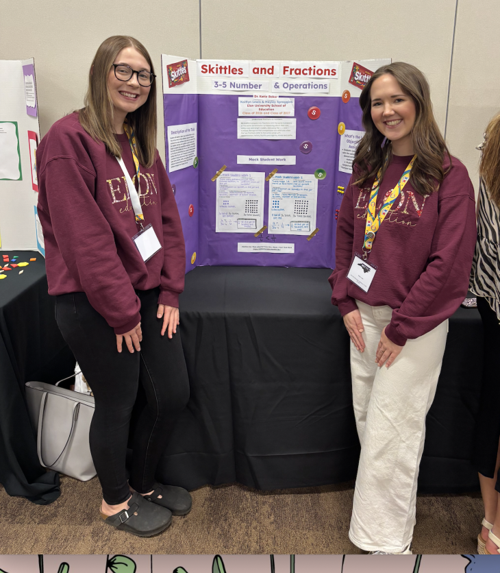 Two presenters stand smiling beside a tri-fold poster titled “Skittles and Fractions,” focused on number and operations for grades 3–5. The poster displays sample student work and instructional materials at an academic poster session.