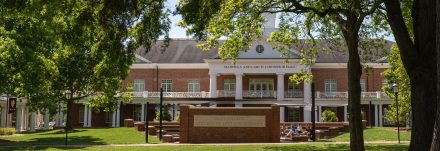 The outside of Lindner Hall academic building on the campus of Elon University