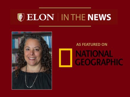 Red “Elon in the News” graphic with a headshot of a smiling woman with curly dark hair in front of bookshelves, alongside the text “As featured on National Geographic” and the National Geographic logo.