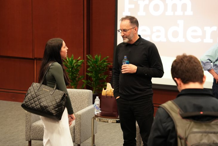 Students talking with speaker at Lessons from Leaders event with Tom O'Leary on Feb. 19 in the LaRose Digital Theatre