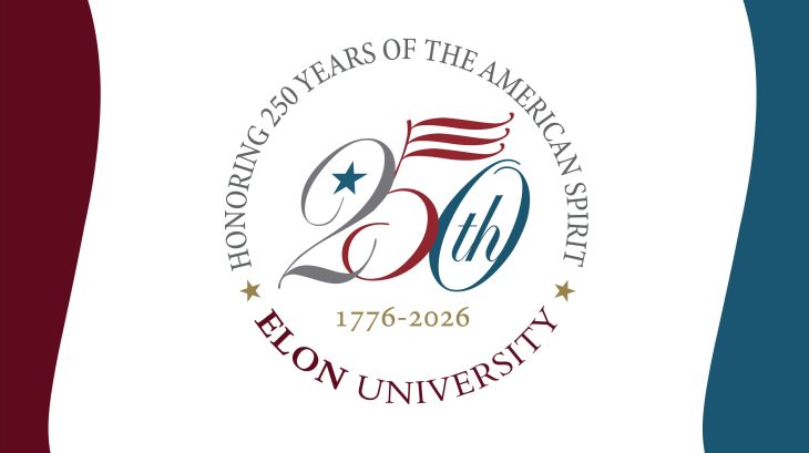 A commemorative graphic reads “Honoring 250 Years of the American Spirit” with a stylized “250th” and the dates 1776–2026. “Elon University” appears below, using a red, white, blue, and gold color palette with patriotic design elements.