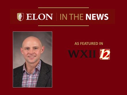 Red “Elon in the News” banner with a professional headshot of a bald man in business attire, alongside “As featured in WXII 12” and the WXII 12 logo.