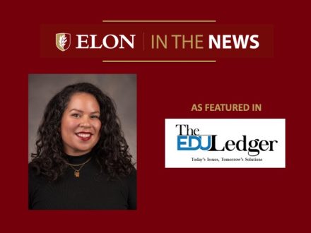 Red “Elon in the News” graphic with a headshot of a smiling woman with long dark curly hair wearing a black top and gold necklace, alongside the text “As featured in The EDU Ledger” and the publication’s logo.