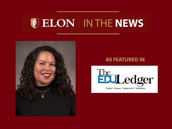 Red “Elon in the News” graphic with a headshot of a smiling woman with long dark curly hair wearing a black top and gold necklace, alongside the text “As featured in The EDU Ledger” and the publication’s logo.