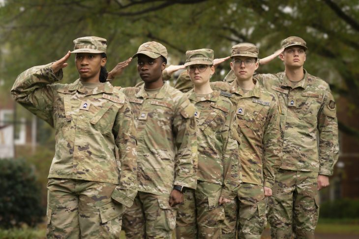 The raising of the flag by the Elon ROTC at Scotts Plaza on Veterans Day, Nov. 11, 2024.