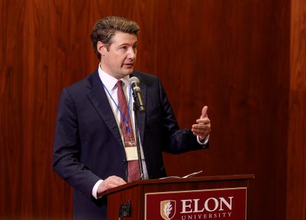 Elon alumnus David Hodges speaks during the NCCMA conference
