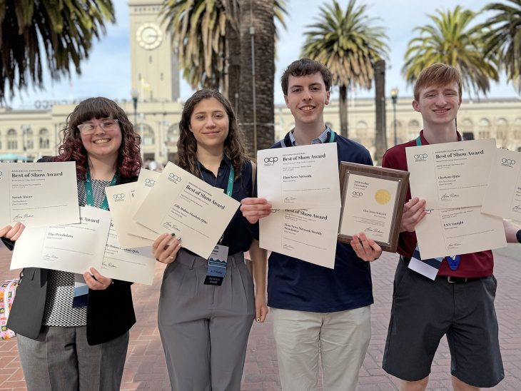 Elon News Network staff members (from left) Megan Walsh ’28, Trista Panagakos ’28, Nolan Williams ’28 and Evan Cooper ’28 attended the Associated Collegiate Press’ 2026 National College Media Conference in San Francisco.