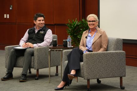 Kathie Niven '89, CEO and president of Biscuitville speaking with Jose Cerecedo Lopez at Lessons from Leaders on March 3