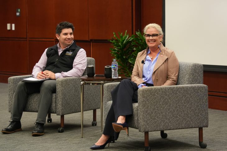 Kathie Niven '89, CEO and president of Biscuitville speaking with Jose Cerecedo Lopez at Lessons from Leaders on March 3