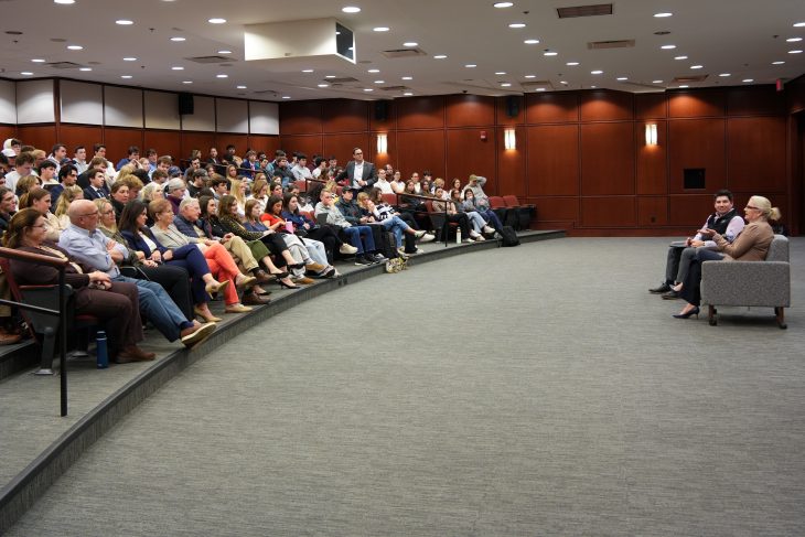 Kathie Niven '89, CEO and president of Biscuitville speaking with Jose Cerecedo Lopez at Lessons from Leaders on March 3