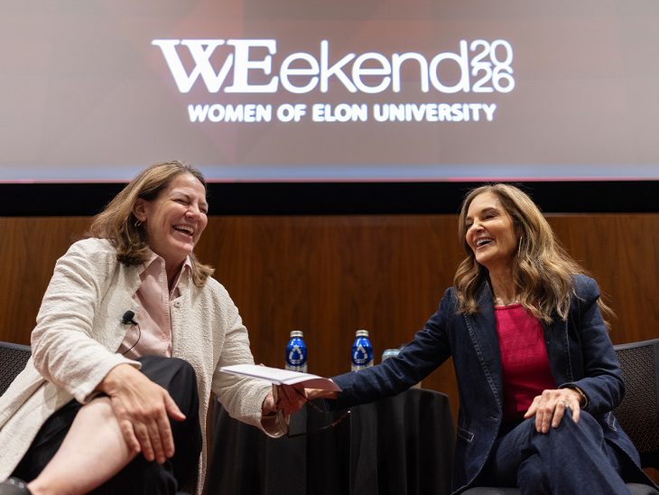 Elon University President Connie Ledoux Book hosts a fireside chat with nutrition expert Joy Bauer during the Women of Elon WEekend on March 14, 2026 in LaRose Digital Theatre.