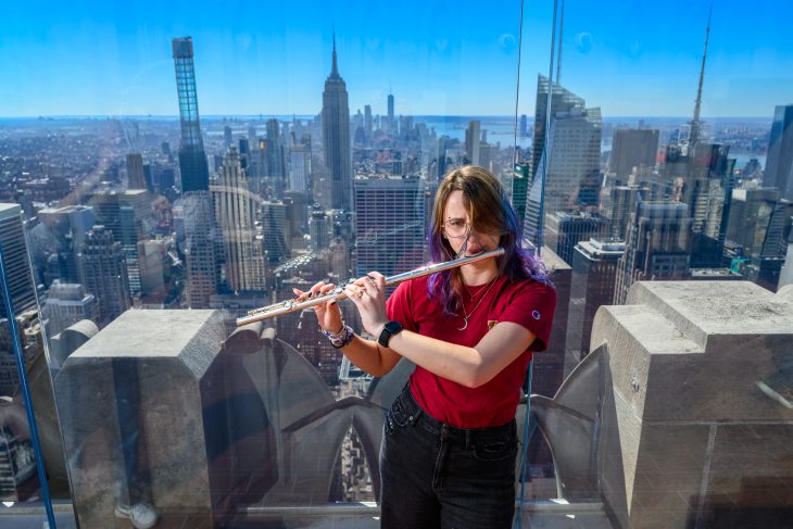 Elon Wind Ensemble in and around New York City, including a skyline view from Top of the Rock, on March 9, 2026.