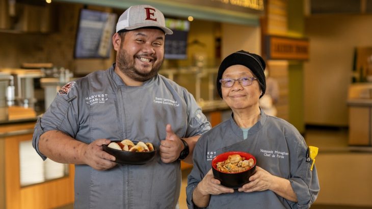 Noppanit “Meena” Monaghan and Keerati (Danny) Sartyoungkul proudly display prepared meals outside of the international station at Lakeside Dining.