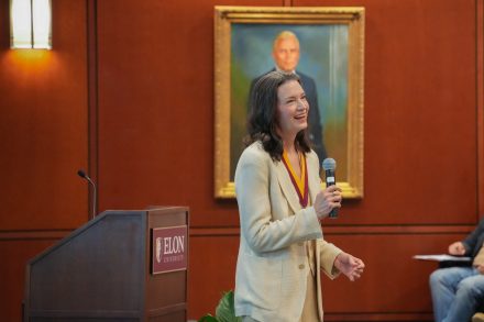 Linda Findley '95 giving her keynote at the Entrepreneurial Leadership Medal ceremony