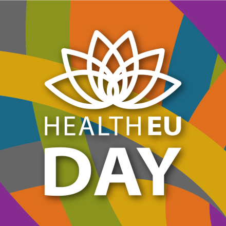Graphic featuring a colorful, abstract background with the HealthEU lotus logo and bold text reading “HealthEU Day.”