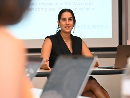 Elon professor Sydney Nicolla in a classroom