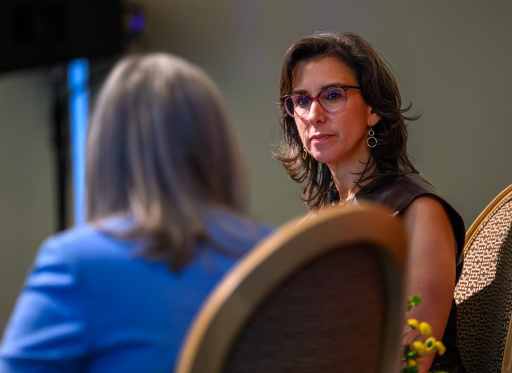 Jodi Kantor listens as Catherine Dunham asks a question