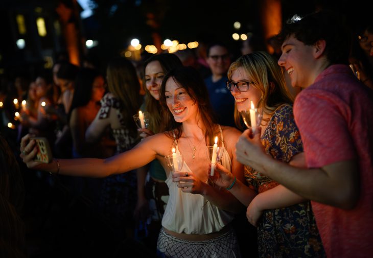 The Class of 2026 celebrates the end of final exams and the launch of Commencement Week by gathering for a special Senior Baccalaureate ceremony Under the Oaks, on May 19, 2026. (Photo by Grant Halverson/Elon University)