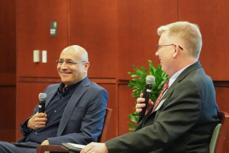 Anuj Mehrotra, dean of Georgia Tech’s Scheller College of Business, and Jeff Sanders ’00, chief architect at Microsoft