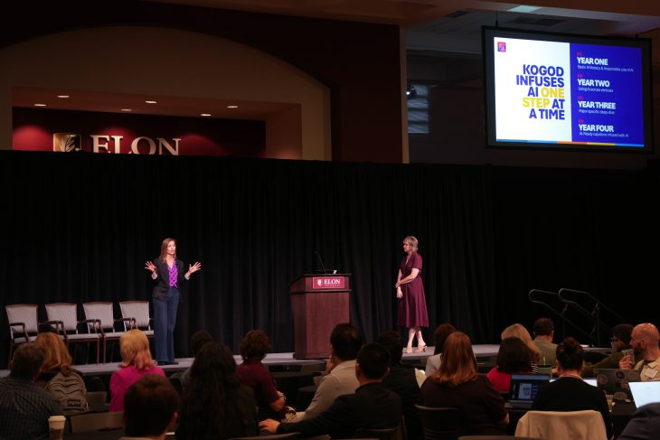 Tawnya Means, founding partner and principal of Inspire Higher Ed, and Casey Evans, associate dean for undergraduate programs and student services at American University’s Kogod School of Business, at the AI Fluency Mapping session