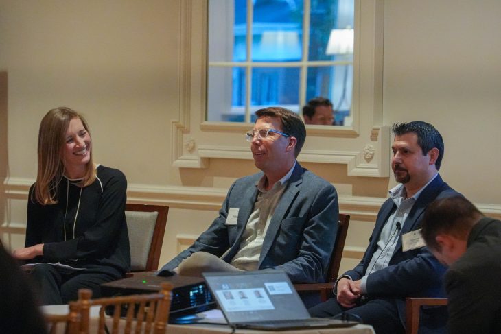 Casey Evans, associate dean for undergraduate programs and student services at American University, moderating the discussion alongside Stephen Walls, assistant dean at the McCombs School of Business at the University of Texas at Austin, and Hussein Issa, associate professor of accounting information systems at Rutgers Business School