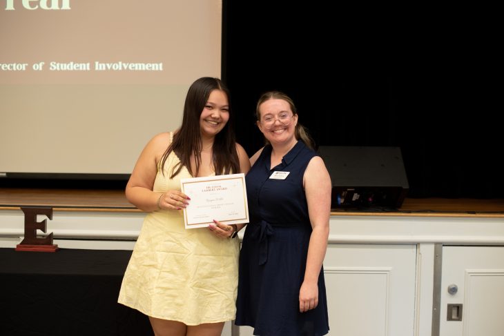 Elon University recognized the accomplishments of exceptional student leaders during the annual leadership awards ceremony hosted by Omicron Delta Kappa, the national leadership honor society. Omicron Delta Kappa annually celebrates students who excel academically and demonstrate exemplary leadership across various disciplines. These include multicultural engagement, athletics, campus and community service, student government, the arts, journalism, public speaking and mass communication. Among the esteemed faculty and staff to present awards were Rebecca Kohn, provost and vice president for academic affairs and John Dooley, vice president for Student Life. 2025 Omicron Delta Kappa Award Recipients William Moseley Brown Leadership Award Khairi Morrow ’25 Presented by Elon’s Circle of Omicron Delta Kappa, this award is given to the student who consistently demonstrates the highest ideals of Omicron Delta Kappa: scholarship, service, integrity, character and fellowship, including providing distinguished leadership to his or her peers. The award is named in honor of a former Elon faculty member and one of the original founders of the national chapter of Omicron Delta Kappa. Student Media Award Erin Martin ’25 The Student Media Award is presented to the student who has contributed the most to advancing communications on campus during the current academic year. Leadership Studies Award Robin Falkow ’25 The Leadership Studies Award is awarded annually to the senior Leadership Studies minor who has best exemplified the study of leadership as an academic discipline through excellence in related coursework, research and/or other scholarly contributions. Hilaire Pickett ’08 Leadership Grant Victoria Whetstone ’26 Benjamin Hornsten Stern ’26 The endowed scholarship, the Hilaire Pickett ’08 Leadership Grant is an endowed scholarship presented to students participating in the Leadership Education and Development at Elon. Awards are granted to support students in their junior or senior years in pursuing leadership internships or legacy efforts. The students must demonstrate a significant commitment to their organizations and academics and actively contribute to the Elon community. Katharine duPont Weymouth Scholarship Corrin Line ’26 The Katharine duPont Weymouth Scholarship is awarded to outstanding juniors in the social sciences and given in honor of alumnus Frank Lyon ’71. W.L. Monroe Christian Education and Personality Award Alex Fleischmann ’26 Julianna Clark L'26 Recipients of this award demonstrate citizenship and a strong desire to help others improve themselves. A trust created by the late W.L. Monroe Sr., who attended Elon in 1917, provides cash awards to the recipients. Truitt Center Reconciliation Award Morgan Williams ’25 Ryan Gibbons ’25 This award is presented to a student who best exemplifies the vision of Douglas G. Noiles and Edna Truitt Noiles ’44, who endowed the program in the Vera Richardson Truitt Center for Religious and Spiritual Life “to enable Elon students to learn about their own and other faiths and to live lives of reconciliation.” Ella Brunk Smith Award Natalie Schuver ’25 Kiara Cronin ’25 In honor of Ella Brunk Smith, wife of former Elon President Dr. L.E. Smith, a cash award is presented to a female student in the senior class who has made significant contributions to the religious and moral life on campus. Martha Smith Award for Women’s, Gender and Sexualities Studies Mae Curington ’25 This award is given in honor of Martha Smith, one of the founding mothers of the women’s, gender and sexualities studies program at Elon University, to recognize the academic and activist achievements of a graduating senior Women’s, Gender and Sexualities Studies minor. Iris Holt McEwen Community Service Award Darian Myers ’26 This award is presented to a student whose service to Elon and the larger community exemplifies the generosity of spirit and dedication to the philanthropy of Iris Holt McEwen. Algernon Sydney Sullivan Award Nicholas Rugbart ’25 Jasmine Walker ’25 The Algernon Sydney Sullivan Award is presented to graduating seniors, alumni and community members of selected colleges and universities in the Southern United States for excellence of character and service to humanity.  At Elon, two graduating seniors and one faculty or staff member are recognized annually for their honesty, morality, ethics, integrity, responsibility, determination, courage and compassion. John W. Barney Memorial Award Mackenzie Smith ’25 This award recognizes the senior(s) with the highest cumulative ­GPA. Colleagues, former students, and friends of the late John W. Barney established this award in his honor. Mr. Barney graduated from Elon in 1910 and was a faculty member for over three decades. The PERCS Outstanding Ethnography Award This award recognizes the student who has conducted the most outstanding ethnographic research project at Elon University, judged according to the quality of both the process and product. The award is given by PERCS: The Program for Ethnographic Research and Community Studies. The PERCS Outstanding Ethnography Award Recipients Samantha Schwamberger Natalie Triche GlaxoSmithKline Women in Science Scholar Award This scholarship is awarded by the North Carolina GlaxoSmithKline Foundation’s Women in Science Scholars Program to a rising sophomore or junior majoring in math or science. Under the program, scholarship recipients are paired with professional GlaxoSmithKline women who have excelled in various science-related fields and careers, and can provide guidance and shared experiences with the scholars.