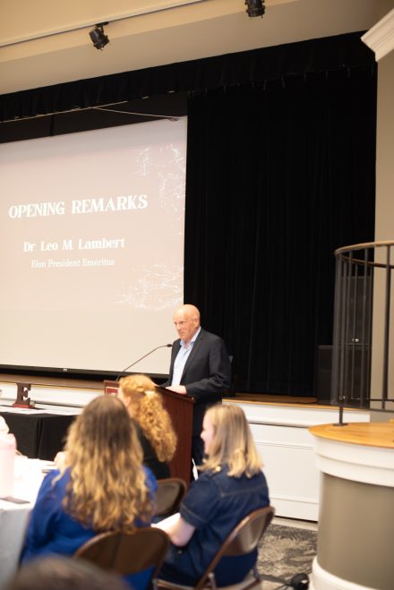 President Emeritus Dr. Leo M. Lambert delivers opening remarks at the Dr. Leo M. Lambert Awards, welcoming attendees and setting the tone for the celebration of student achievement.