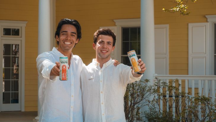 Bernardo Vargas-Lopez '26, a sport management major from Austin, Texas, and Juan Daniel Chiriboga '26 show off their product YAPA