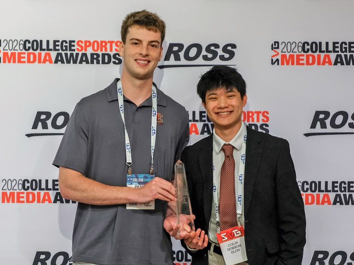 Peter Sillitto ’26 (left) and Colin Dorroh ’27 celebrate after accepting a Sports Video Group College Sports Media Award during the 18th annual SVG College Sports Media Awards ceremony in Atlanta on May 27.