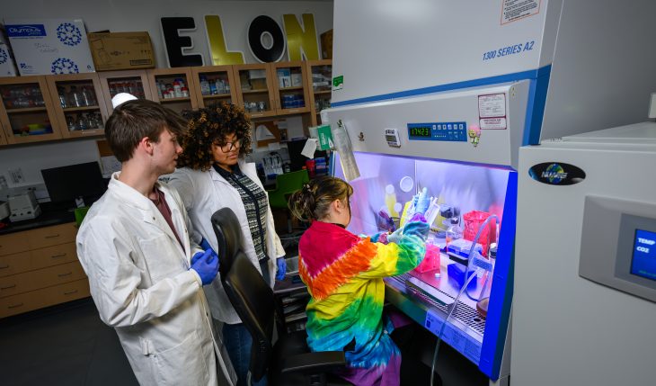 Three students work in a science laboratory as one performs an experiment inside a biosafety cabinet while two classmates observe nearby.
