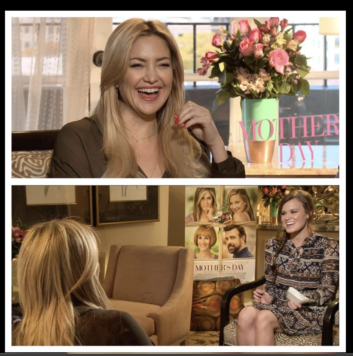 A woman sits in an armchair during a one-on-one interview with a smiling blonde woman seated across from her in a warmly lit room decorated with flowers and movie posters.