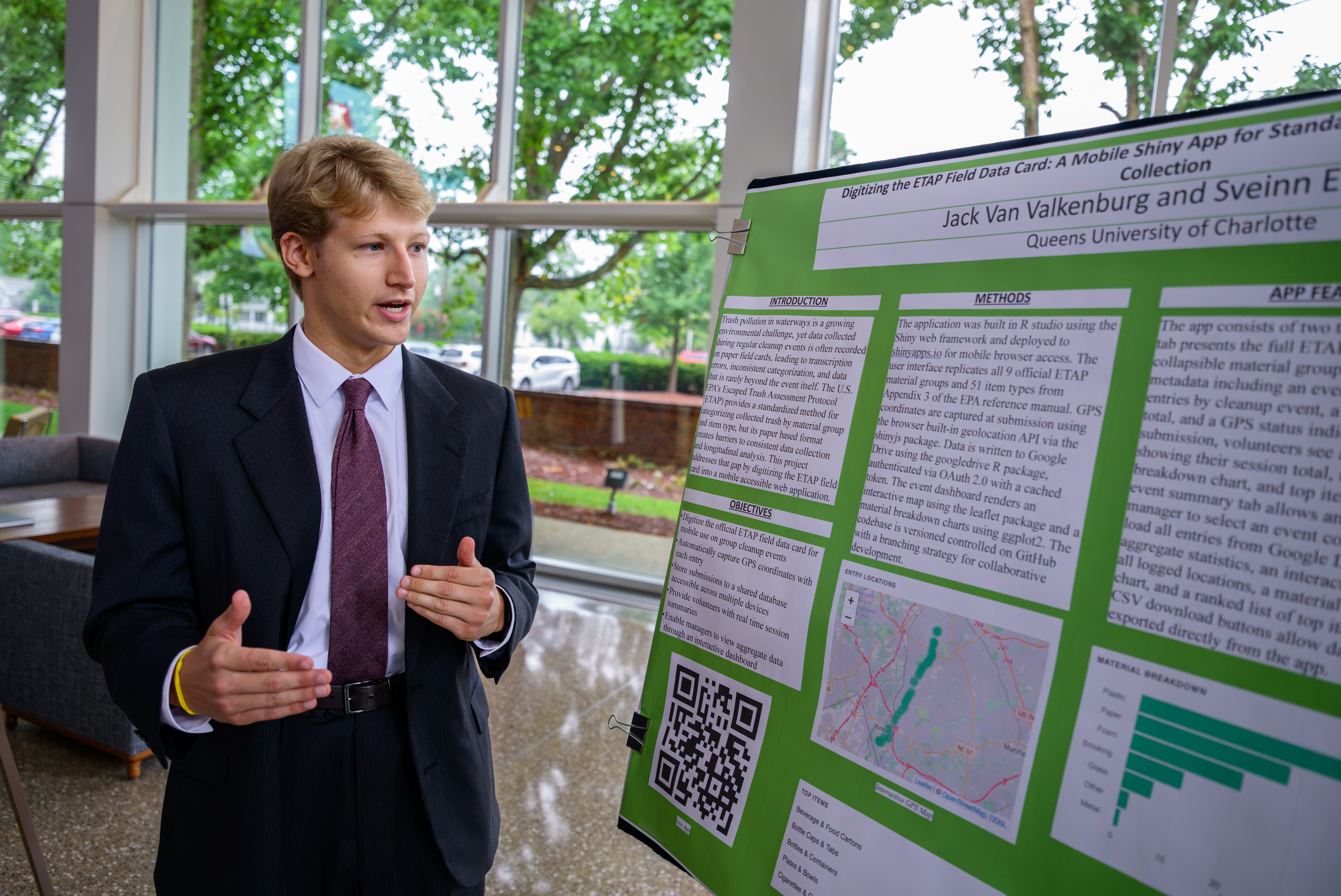 Jack Van Valkenburg of Queens University of Charlotte discusses his project on digitizing environmental field data during the Summer Undergraduate Research Experience presentations.