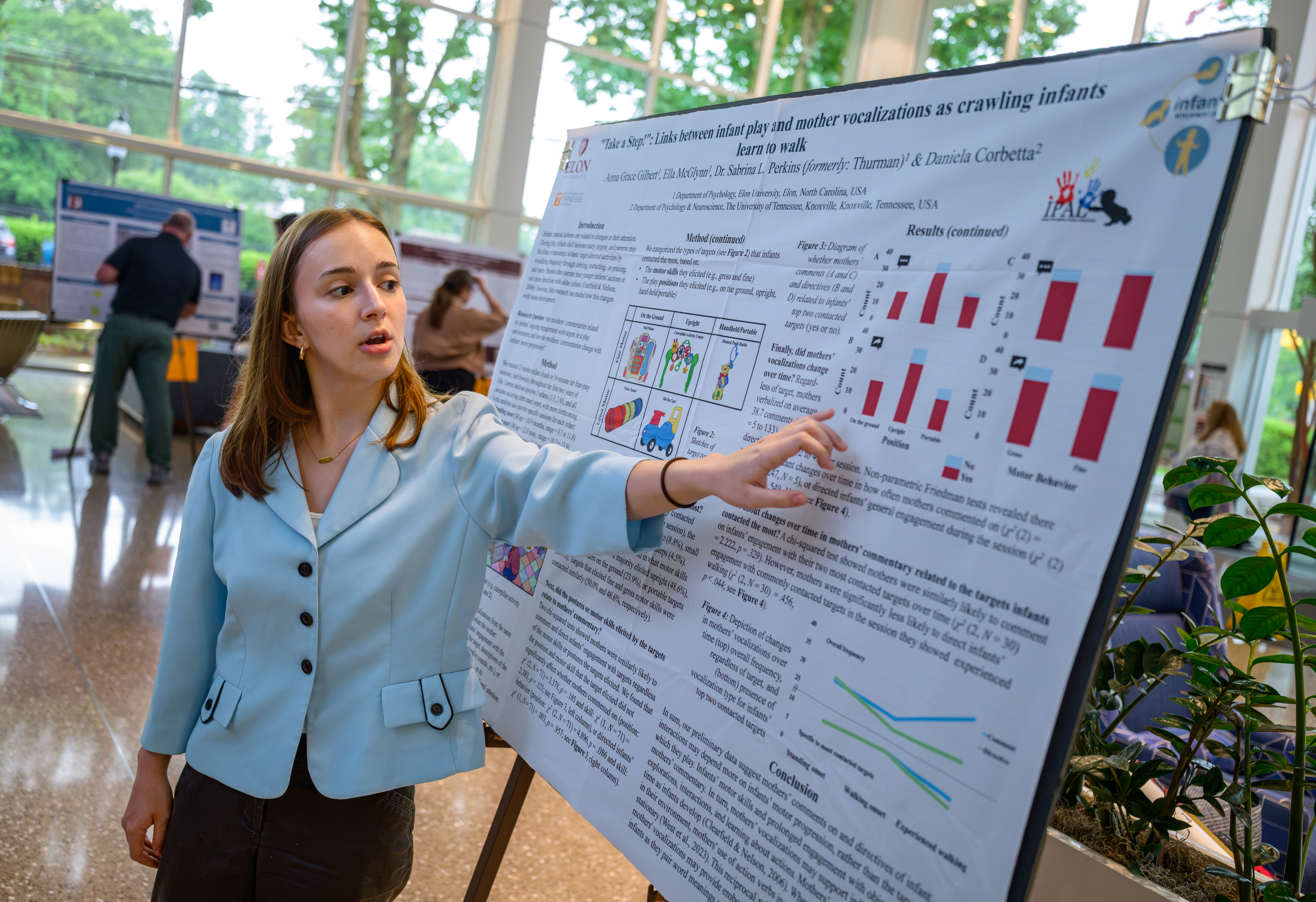An Elon University student discusses findings related to infant play and mother vocalizations during a Summer Undergraduate Research Experience presentation.