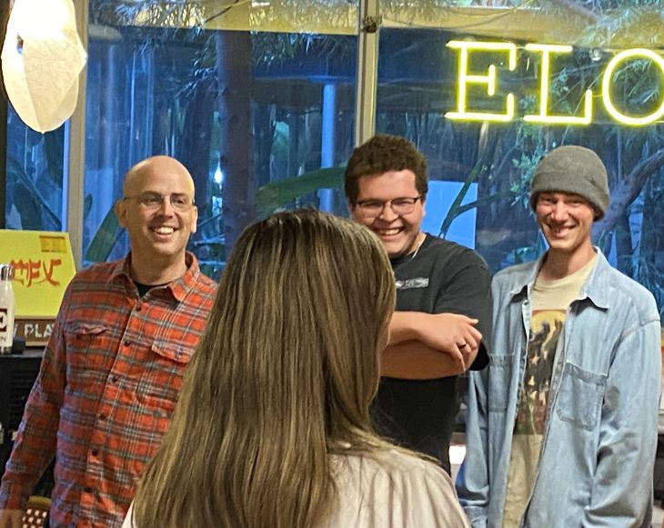Students and an instructor smile and laugh together during an interactive discussion at Elon Los Angeles, reflecting the program’s collaborative and engaging learning environment.