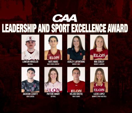 Graphic announcing CAA Leadership and Sport Excellence Award nominees, featuring headshots of eight ���ϲ����� student-athletes from different sports.