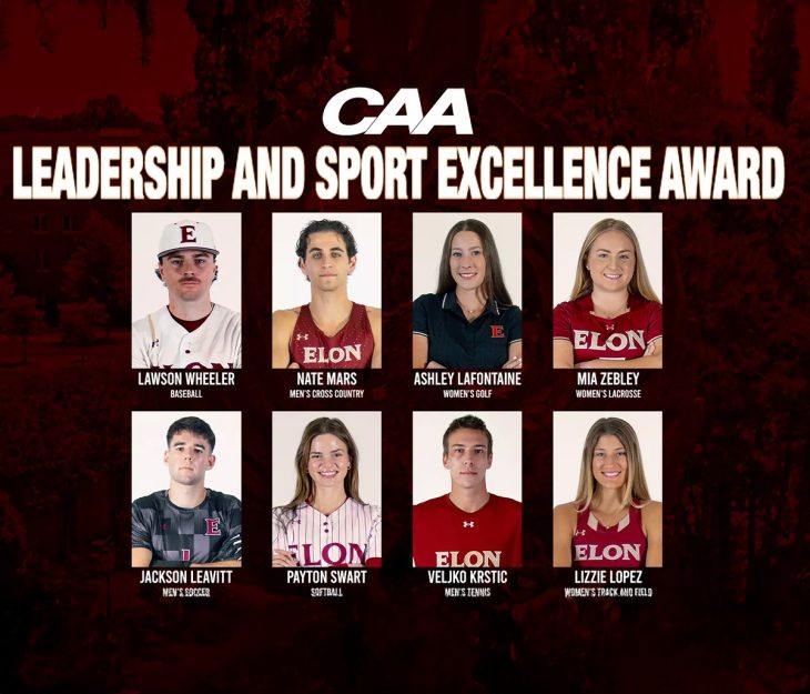 Graphic announcing CAA Leadership and Sport Excellence Award nominees, featuring headshots of eight Elon student-athletes from different sports.