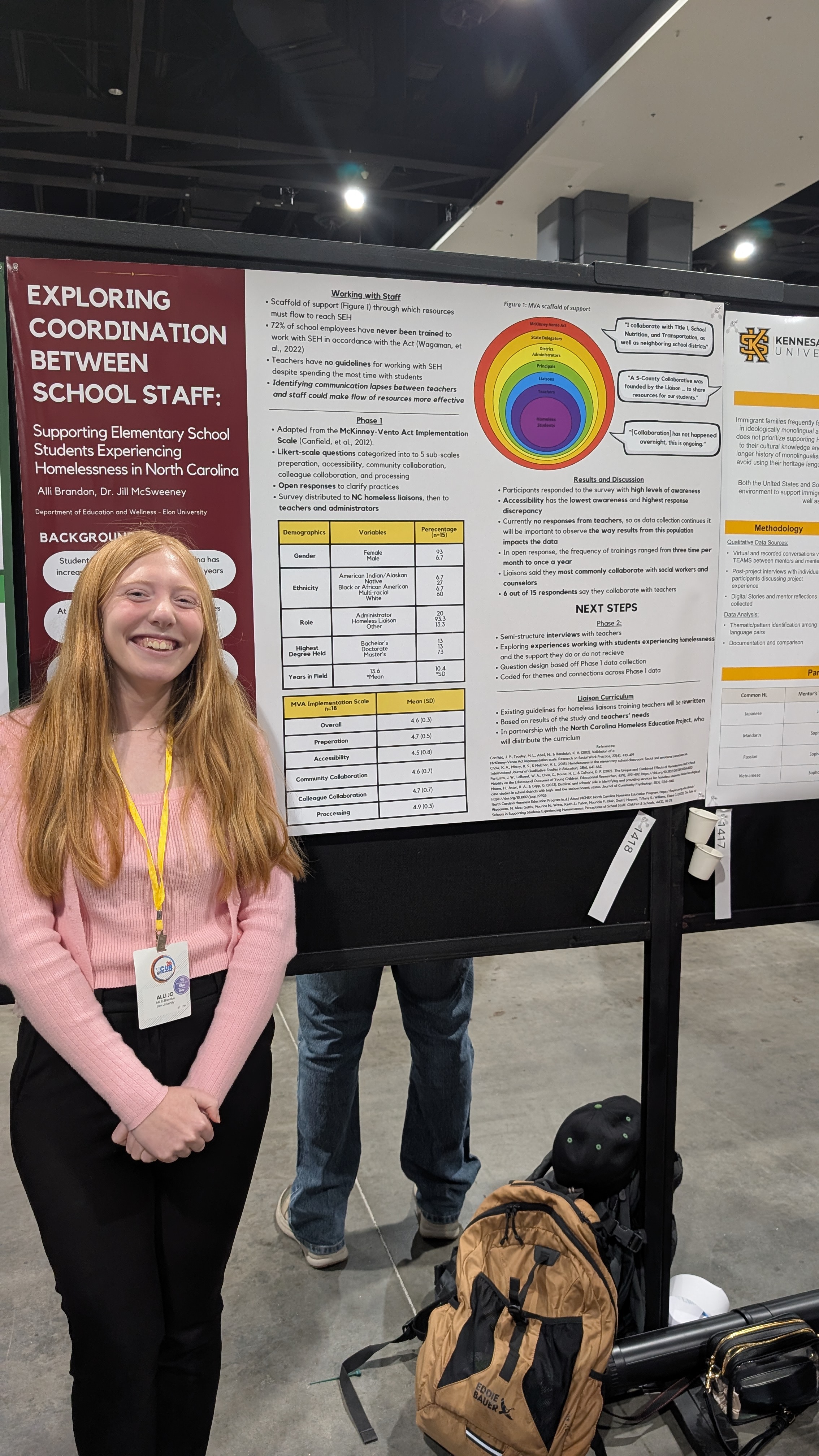 A student stands next to her research poster at an academic conference, presenting findings on how North Carolina elementary schools support students experiencing homelessness.