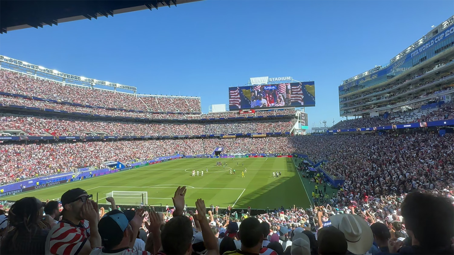 A packed San Francisco Bay Area Stadium with a blue sky 