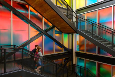 The stairwell in Innovation Quad features a translucent glass that responds to light differently depending on the angle from which it is viewed