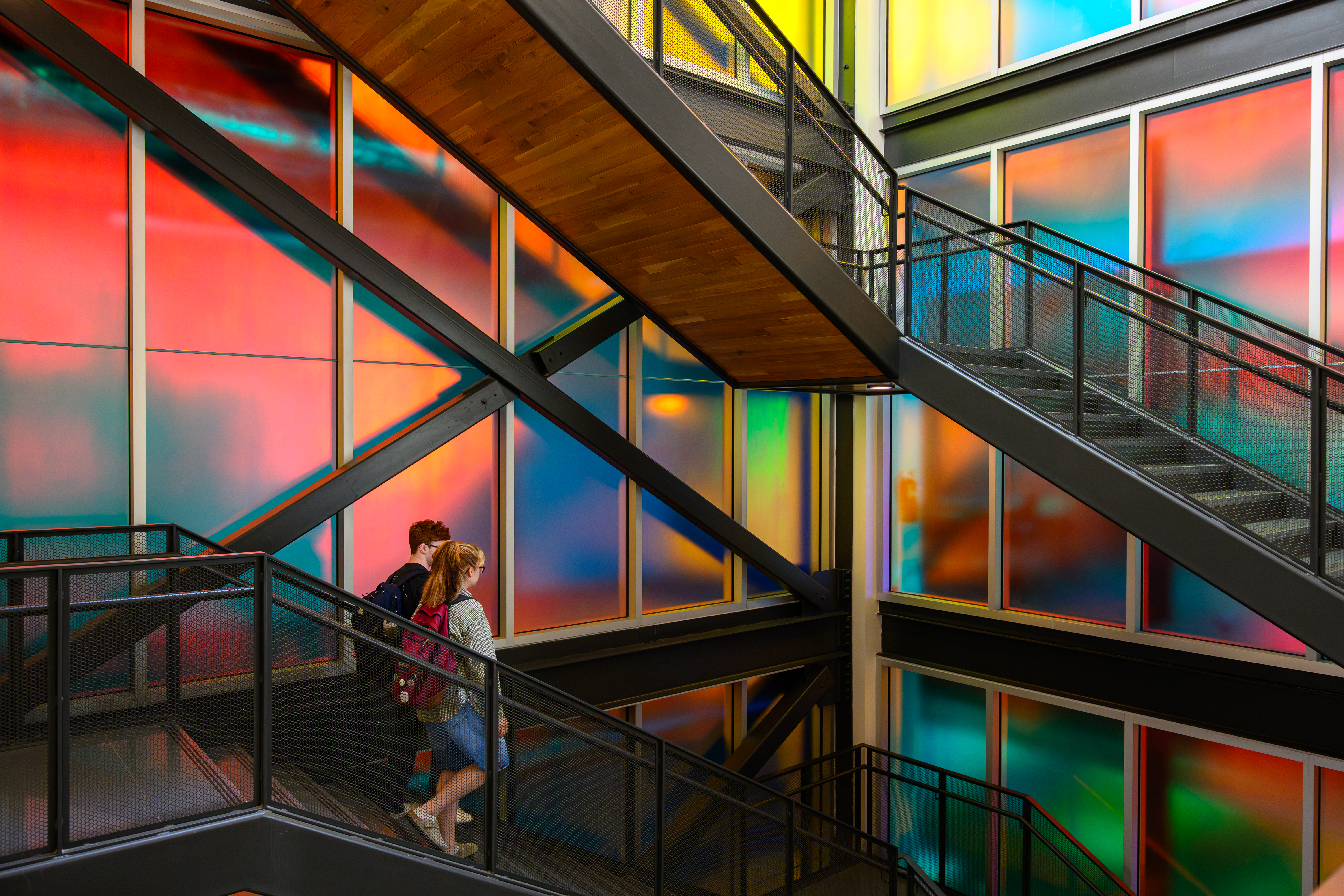 The stairwell in Innovation Quad features a translucent glass that responds to light differently depending on the angle from which it is viewed