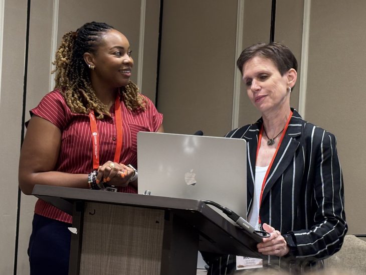 School of Communications faculty members Shanetta Pendleton (left) and Michele Lashley present their research on custom AI chatbots in public relations education at the 2026 AEJMC Conference in New Orleans. Their work earned second place in the Teaching Paper Competition.