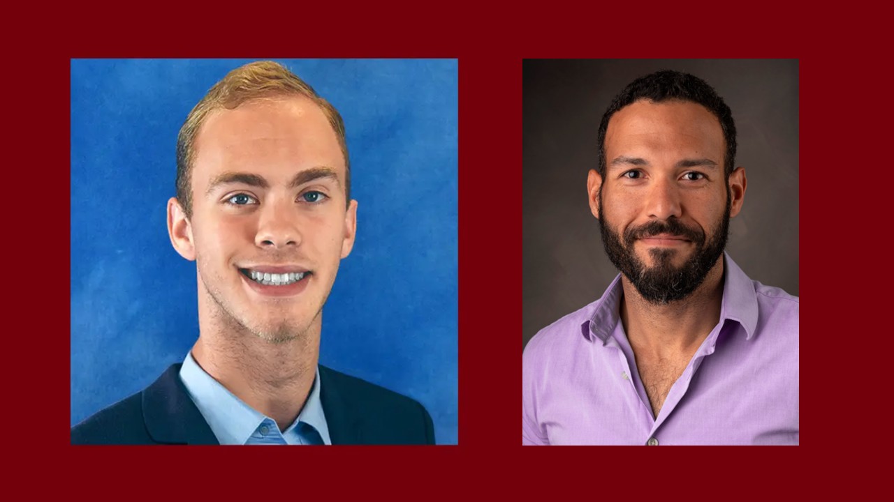 Headshots of two men. The man on the left is wearing a suit on a blue background. The man on the right is wearing a purple shirt on a gray background.