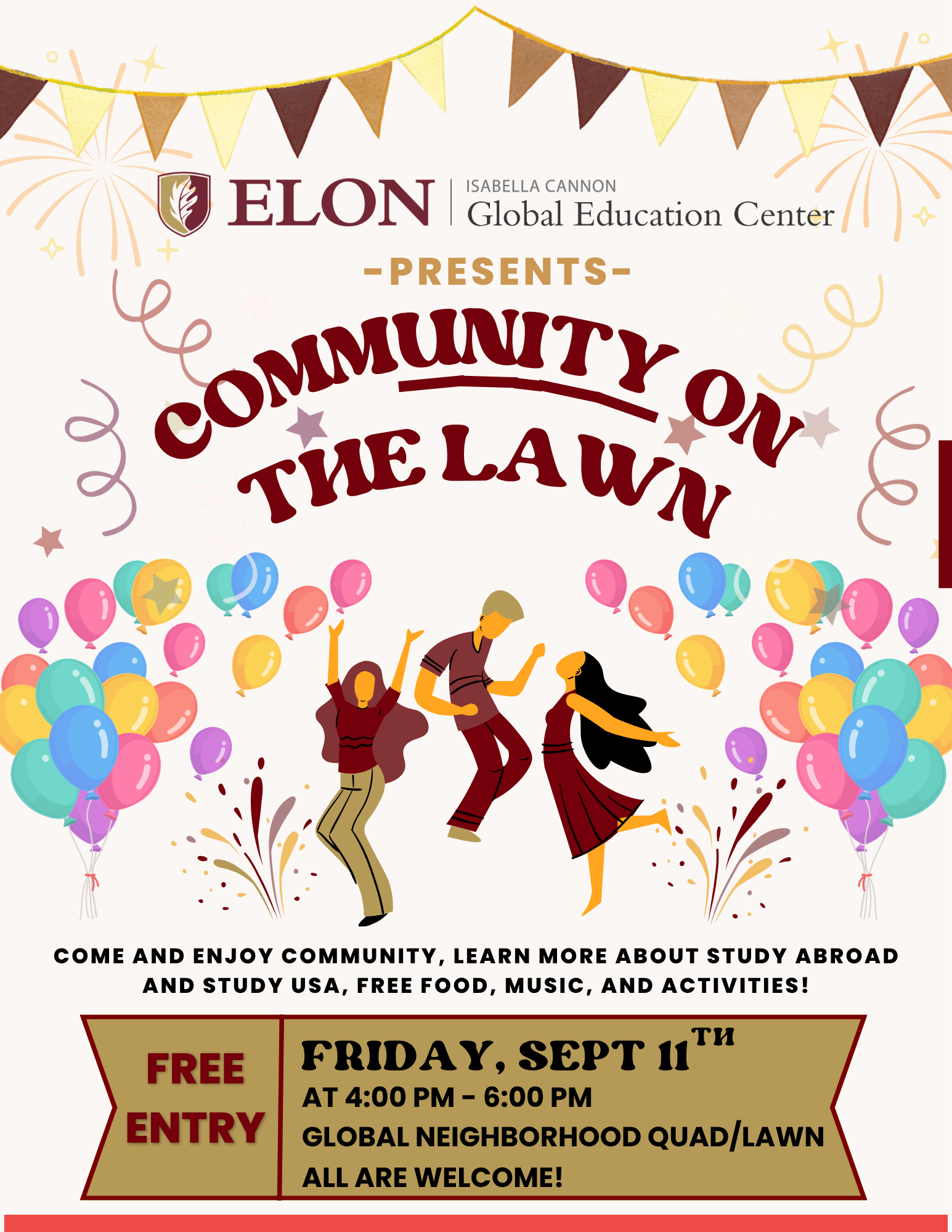Alt text: Graphic promoting Elon’s “Community on the Lawn” event Sept. 11, featuring study abroad information, free food, music and activities.