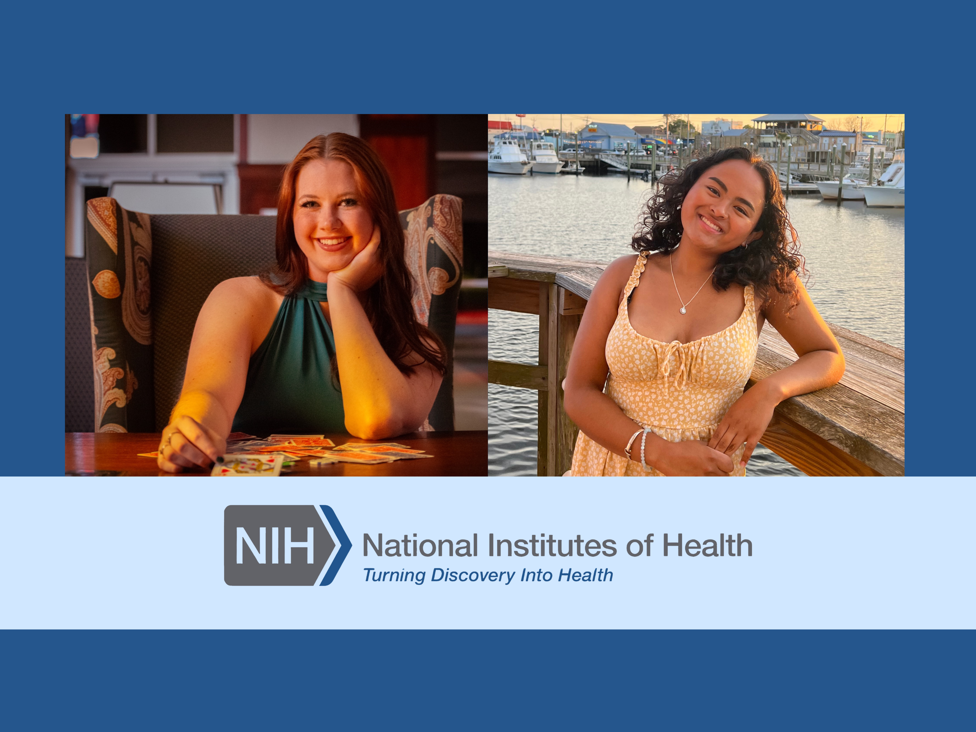 Two student portraits appear above the National Institutes of Health logo on a blue background.